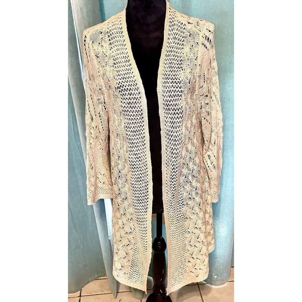 Women's Open Front Lace Cardigan Beige Size XL Crochet Boho Retro Hannah - Picture 2 of 16